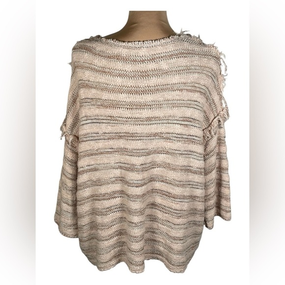 FREE PEOPLE SPELLS TROUBLE BROWN & BEIGE DISTRESSED RAW SWEATER - Picture 5 of 12